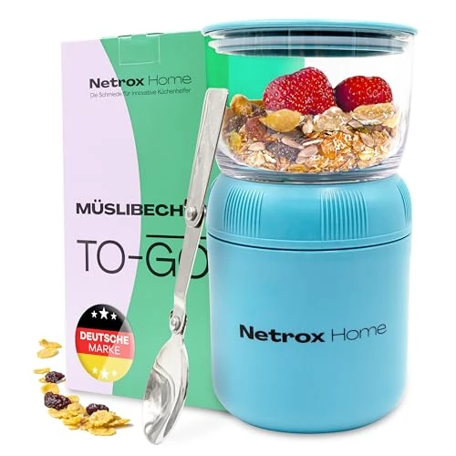 NetroxHome® - Taza Cereales con Cuchara para Llevar, Taza de Yogur de Acero Inoxidable a Prueba de Fugas, Fiambrera - para Yogur Porridge Comida