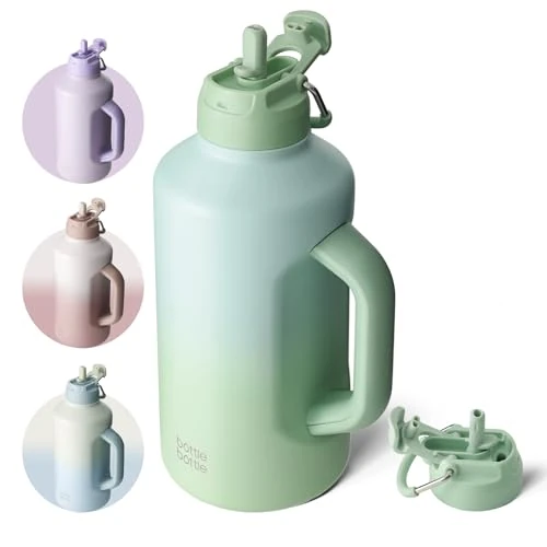 BOTTLE BOTTLE Insulated Water Bottle with Straw and Double Lid, Sports Stainless Steel Water Bottle with Handle, Vacuum Stainless Steel for Workout and Sports, 1.8L (Green Gradient)