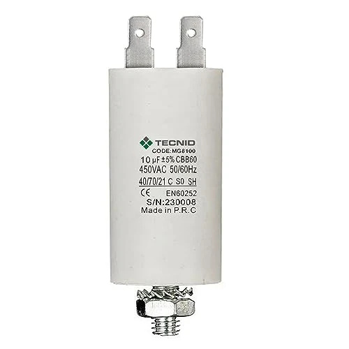 TECNID MG8100 Permanent for Engines 10µF 450V M8 Power Nut The starter capacitor is in a cylindrical polypropylene housing. Electrical connection via 4 terminals, white