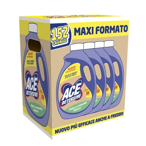 Offerta a tempo: ACE - Detersivo Igienizzante Talco e Muschio Bianco - 4 Flaconi x 38 Lavaggi — 36% da 26,25 € a 16,87 €