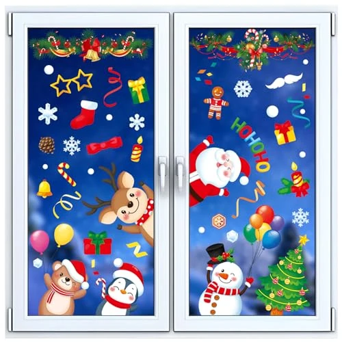 Wothfav Christmas Decoration Window for Indoor and Outdoor Use, 9 Sheets Window Stickers Christmas Self-Adhesive PVC Window Sticker Christmas Winter for Fridge, Mirror, Tile Walls, Shop Window