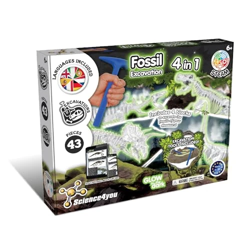 Science4you Dino Ausgrabungsset 4 in 1 - Fossilien Ausgrabungsset für Kinder ab 6+, das im Dunkelheit Leuchtet Dinosaurier Spiel und Dino Geschenk für Junge und Mädchen ab 6 7 8 9+