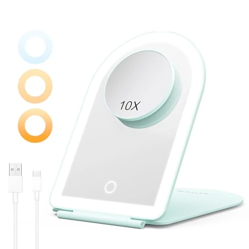 Make-upspiegel met Verlichting, LED Opvouwbare Cosmeticaspiegel 10x Vergroting, 3 Dimbare Kleurenlichten, Oplaadbare Ultradunne Tafelspiegel voor Thuis en Reizen, Groen