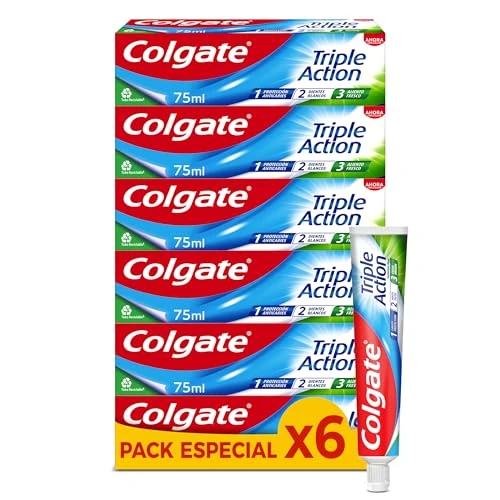 Offerta a tempo: Colgate Tripla azione dentifricio, confezione da 6 x 75 ml, dentifricio al fluoro, dentifricio anticarie, aiuta a mantenere i denti bianchi, rinfresca il respiro, per tutta la famiglia - 42% da 13.55 € a 7.80 €