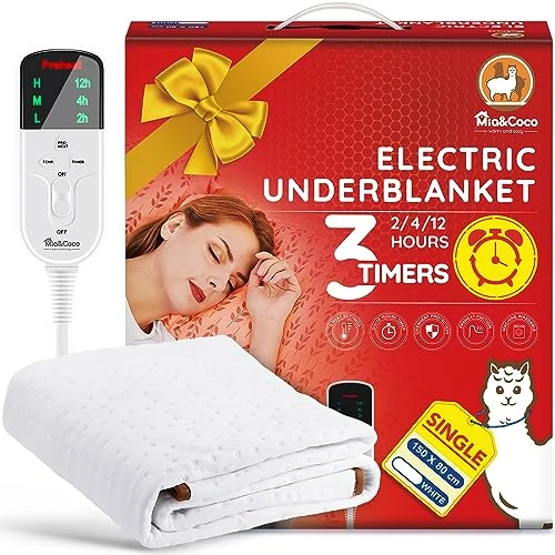 Offerta a tempo: Mia&Coco Coperta termica con spegnimento automatico, 150 x 80 cm, con timer 12 ore e 3 livelli di calore, indicatore LED, protezione da surriscaldamento, coperta termica per materassi frequenti - 30% da 44.99 € a 31.58 €
