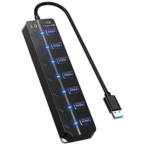 HORJOR Hub USB 3.0 7 Ports avec Interrupteur Séparé et LED, Multi Port USB Hub Alimenté Adaptateur pour Transfert Données De Données & Charge Rapide