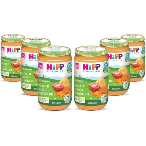 Offerta a tempo: HiPP - Pappa Pronta Completa Bio, Spaghettini al Ragù di Lenticchie, per Bambini, 100% Vegetale, Senza Sale Aggiunto, 6 Vasetti da 250 gr - 0% da 23.01 € a 23.01 €