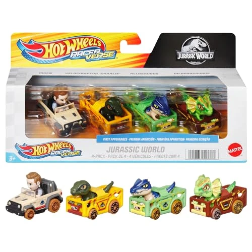 Offerta a tempo: Hot Wheels RacerVerse - Set di 4 veicoli die-cast con piloti i personaggi di Jurassic World, include Charlie, Owen, Dilofosauro e Allosauro, giocattolo per bambini, 3+ anni, HKD32 - 29% da 39.96 € a 28.24 €