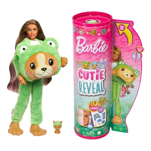 Offre limitée : Barbie Coffret Cutie Reveal avec Poupée Articulée Châtain avec Mèches Roses, Chiot Déguisé en Grenouille, 10 Surprises Et Accessoires, À Collectionner, Jouet Enfant, A Partir De 3 Ans, HRK24 de 34.99 € à 17.50 € (50% de remise)