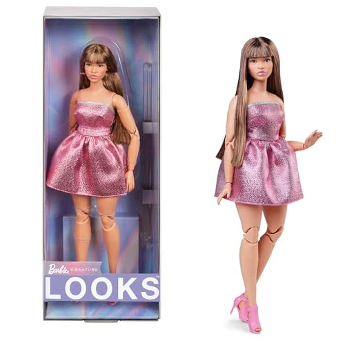 Offerta a tempo: Barbie Looks - Bambola da collezione n. 24, Barbie con capelli marroni e look moderno anni 2000, abito rosa scintillante senza spalline e tacchi a punta aperta, giocattolo per bambini, 6+ anni, HRM16 - 17% da 41.99 € a 34.90 €