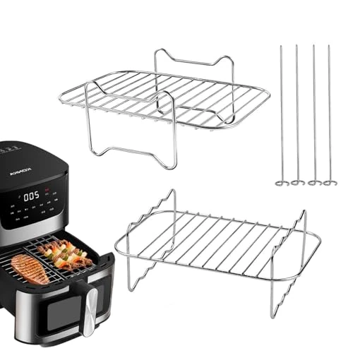 2 PCS Air Fryer Racks, Layered Dehydrator Rack Compatible with Ninja Dual AF300UK AF400UK, Skewer Rack with 4 Skewers, 304 Stainless Steel Dual Air Fryer Accessories for Grill, Oven, Air Fryer
