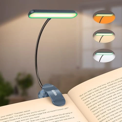 Gritin Lampe de Lecture 19 LED, Liseuse Lampe Clip Rechargeable, Protection des Yeux, 5 Luminosités & 3 Couleurs (Ambre/Blanc/Mixte), 360° Cou Flexible, Longue Durée,Léger & Portable-Bleu Vert