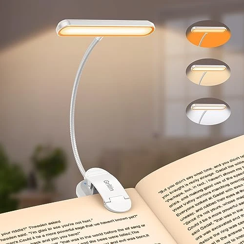 Gritin 19 LED Luz de Lectura, 360° Flexible Ajustable Lámpara de Lectura Recargable, 3 Colores de Luz & 5 Brillos, Protección Ocular Lampara Libro con Modo Memoria, Largas Horas para Lectores Noche