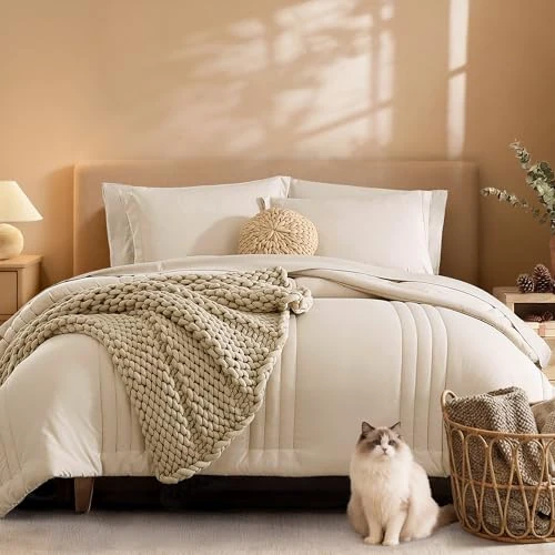 Offerta a tempo: Monbix Set completo di biancheria da letto da 7 pezzi, set di biancheria da letto a grandezza naturale, caldo piumone, letto in una borsa, completo con lenzuola, federe e federe (beige albicocca, - 0.00% da 64.87 € a 64.87 €