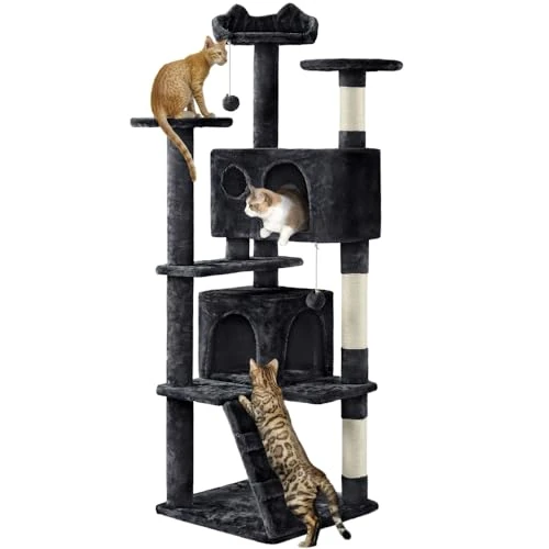 Oferta limitada: Yaheetech Árbol rascador para Gatos, 158 cm, Torre multinivel con 2 Casitas, 3 Tenedores, 3 Postes de sisal y 2 Pompones para Varios Gatos, Color Negro de 89.99 € a 42.49 € (ahorro 52.78%)