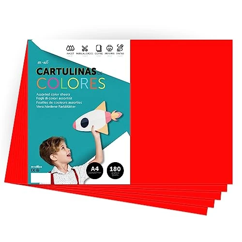 Cartone colorato, formato A4, colori intensi, fogli colorati da 180 g, per lavori artigianali, stampe di documenti e disegni creativi, fogli colorati A4 · m-office (100 fogli, rosso)
