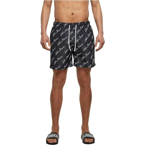 Urban Classics heren Onderbroeken Zwemshort met patroon,Blackscript-logo,4XL