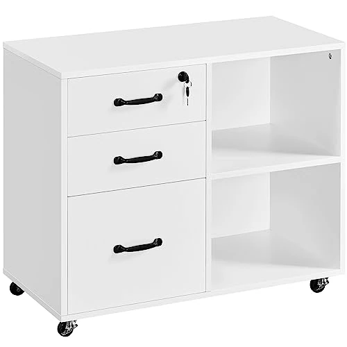 Yaheetech Wooden Office File Cabinet with 3 Drawers, Printer Holder with Compartments, Archive Cabinet with Wheels 80 x 40 x 65.5 cm, White