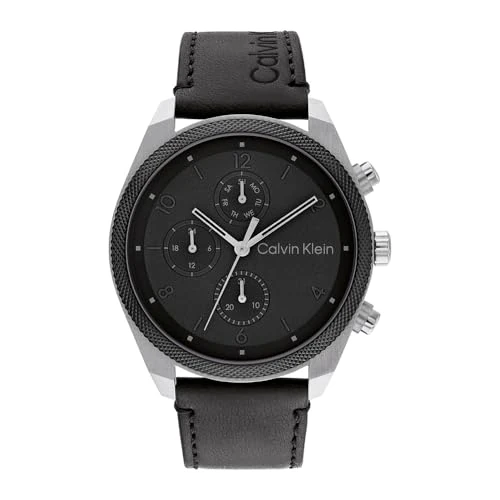 Calvin Klein Analogue Multifunction Quartz Watch for Men Impact Collection with Black Leather Strap - 25200364