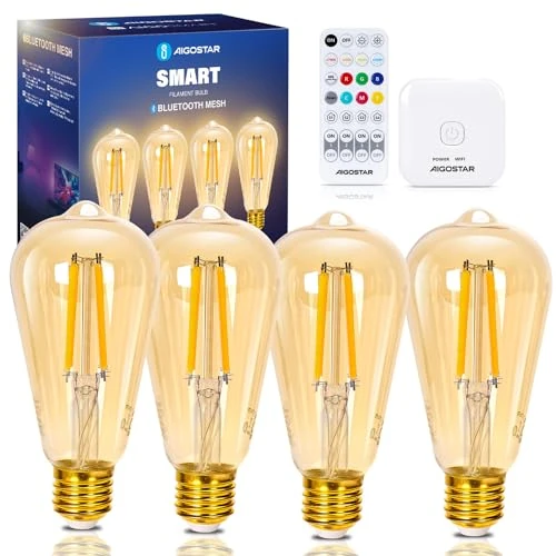 Offre limitee: Aigostar Mesh - Ampoule Connectée Alexa E27 Bluetooth Mesh ST64, Ampoule LED Edison Vintage Lampe à Filament Dimmable 6W 2700K-6500K, Compatible avec Alexa, 4 Unité (avec Passerelle et Télécommande) de 49.99 EUR a 40.36 EUR (economie 19%)