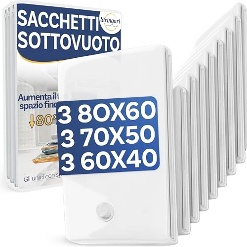 Offerta a tempo: Stringari 9 Sacchi: 3 L 80x60-3 M 70x50-3 S 60x40 - Sacchetti Sottovuoto Vestiti con Spessore 90 Micron - Buste di Qualità Superiore per Piumoni - Sacchi Salvaspazio per Armadi e Cambio Stagione - 18% da 16.99 € a 13.99 €