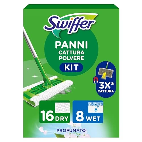 Swiffer Kompletny zestaw miotły, 1 miotła, 16 suchych chusteczek i 8 chusteczek na mokro, łapie i zatrzymuje 3 razy więcej kurzu, brudu i włosów niż klasyczna miotła