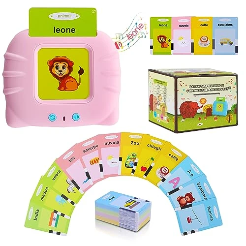 Italian - Talking Flash Cards Learning Toys for Toddlers 1-6 Year Old, 384 Words, Audible Educational Toys, Preschool Learning Resource Electronic Interactive Toy Birthday Gifts for Kids-Pink