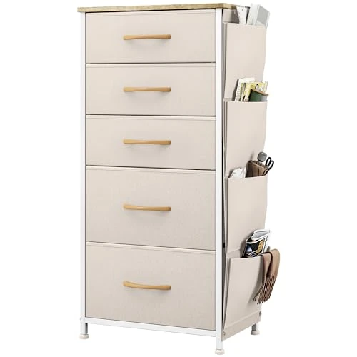Limited-time offer: YITAHOME Chest of Drawers, Dresser with side pockets & hooks, Fabric 5 Drawers with Handles, Metal Frame, Wood Top, for Bedroom,Living Room,Hallway, Beige from 44.99 GBP to 44.99 GBP (save 0%)