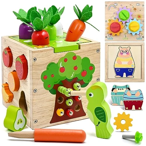 Limited offer: Baby Early Development Activity Games Wooden Cube Toys for 18+ Months Girls Boys Present, 5 in 1 Toddler Learning Toys - Shape Sorter, Tool Kit, Clothing Puzzles, Carrot Harvest, Catching Worm from 21.97 EUR to 19.99 EUR (save 9%)