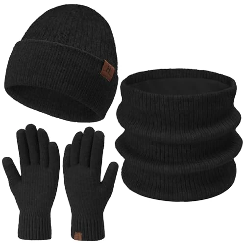 Damen Herren Winter Warm Beanie Mütze Loop Schal Schlauchschal Touchscreen Handschuhe Set mit Fleece Gefütterte Wintermütze Strickmütze Mützen Frauen Geschenk Weihnachten, (3 Stück) Schwarz