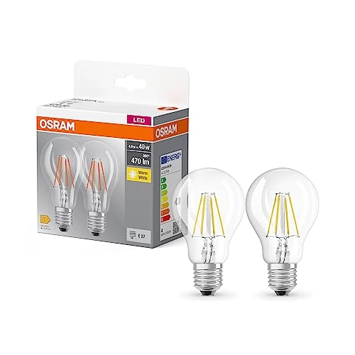 Limited-time offer: OSRAM Base Classic A Fil 40 Led Lamp with E27 Base, Classic Bulb Shape, Twin Pack, 4W, 470Lm, 2700K, Warm White Light, Low Heat Output, Long Life, Low Energy Consumption from 81.10 GBP to 81.10 GBP (save 0%)