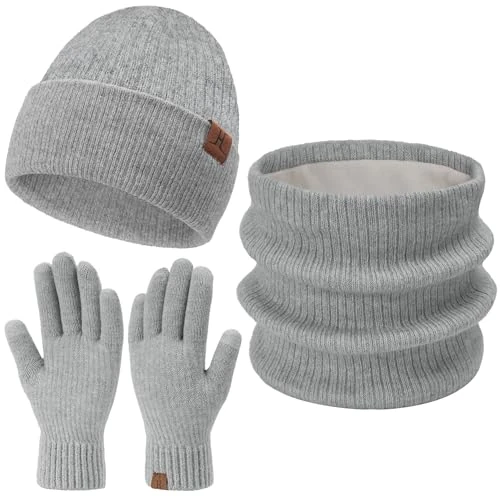 Damen Herren Winter Warm Beanie Mütze Loop Schal Schlauchschal Touchscreen Handschuhe Set mit Fleece Gefütterte Wintermütze Strickmütze Mützen Frauen Geschenk Weihnachten, (3 Stück) Hellgrau