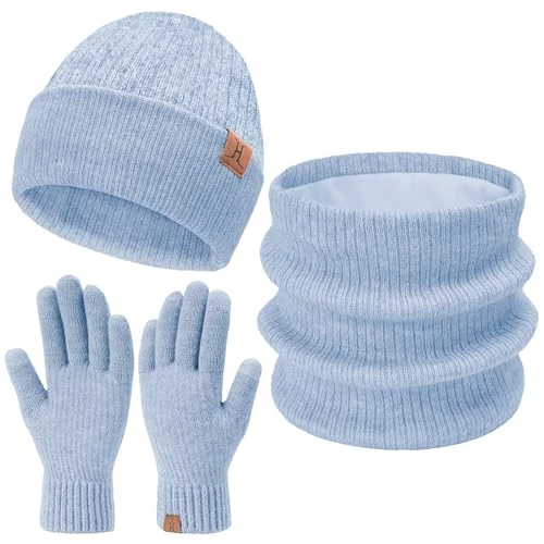 Tijdelijke aanbieding: Warme winterbeanie voor dames, muts, loopsjaal en touchscreen-handschoenen, set wintermuts, gebreide muts, colsjaal, winterhandschoenen met fleece gevoerde vrouwen, cadeau Kerstmis, blauw (3-in-1), van 28.29 EUR naar 28.29 EUR (korting 0%)