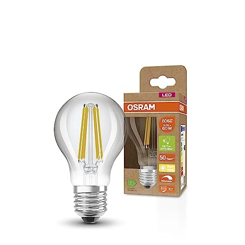 OSRAM SUPERSTAR+ standard filament 60 LED-pære, E27, klassisk pæreform, 4,3W, 806lm, 2700K, varmt hvidt lys, dæmpbart, LED-glødetrådsteknologi, meget lavt energiforbrug, energieffektivitetsklasse B