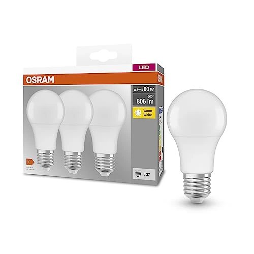 Offerta a tempo: OSRAM Lampada LED BASE CLASSIC A 60 FR con attacco E27, goccia, confezione tripla, 8.5W, 806lm, 2700K, luce bianca calda, bassa emissione di calore, basso consumo energetico, lunga durata - 0.00% da 39.30 € a 39.30 €