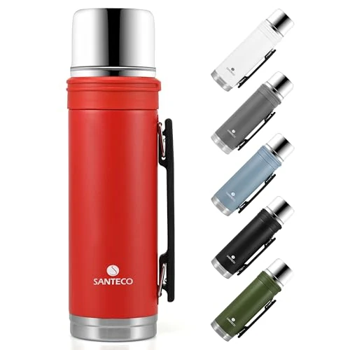 Offerta a tempo: SANTECO Bottiglia Termica 1L con Coperchio-Tazza, Termos Caffè in Acciaio Inox Doppia Parete, Borraccia Termica per Bevande Calde e Fredde, Tappo Quick-Press, per Caffè e Tè, Senza BPA - 35% da 33.99 € a 22.09 €