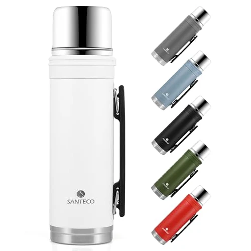 SANTECO Thermos Flask 1 Litre - Thermos Flask with Drinking Cup for Travel - Stainless Steel Thermos Flask with Handle - Leak-Proof Insulated Flask Coffee & Tea - BPA Free, for Hot and Cold