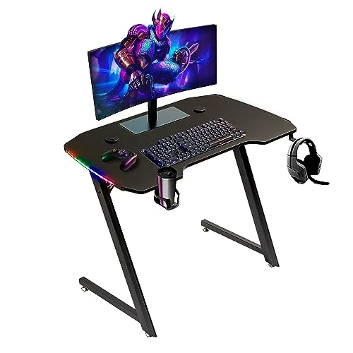 Offerta a tempo: Baroni Home Scrivania Gaming per Computer Ergonomica con Supporto e Gancio Cuffie e Porta Bicchiere, Tavolo da Gioco in MDF e Acciaio, con Luci LED Multicolore,100x60 cm - 0.00% da 54.99 € a 54.99 €
