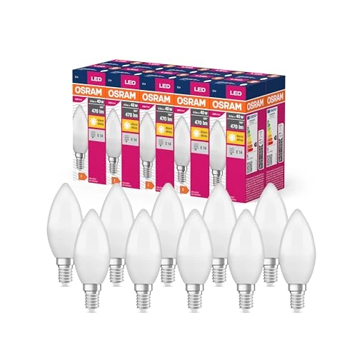Zeitlich begrenztes Angebot: Osram LED Star Value Classic B40 LED Lampe für E14 Sockel, Kerzenform, FR, 470 Lumen, warmweiß (2700K), Ersatz für herkömmliche 40W Glühbirnen, nicht dimmbar, 10er-Pack von 18.33 € auf 18.33 € (0.00% Rabatt)
