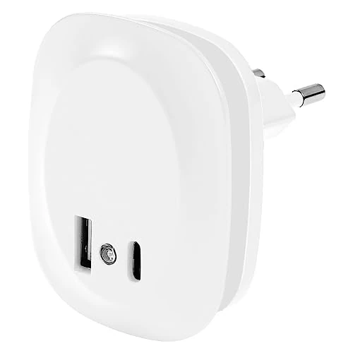 Ledvance LUNETTA EDGE Steckdosen-Nachtlicht, weiß, 0,35W, 10lm, warmweißes Licht, Tageslichtsensor, USB-A & USB-C Anschluss, LED-Technologie, Ladefunktionalität, lange Lebensdauer, IP20, 3000K