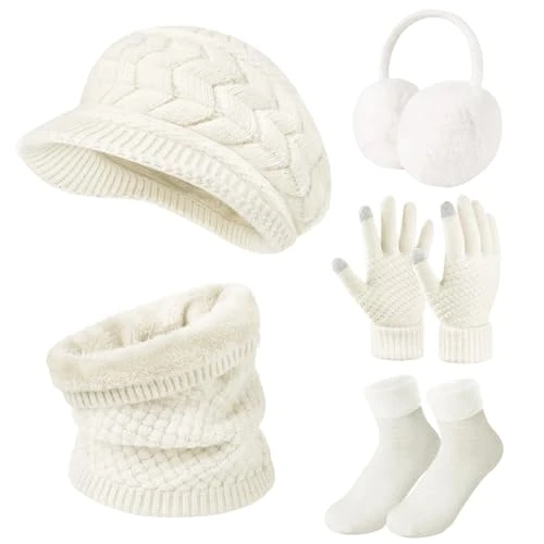 Niwicee Gorro Bufanda de punto Guantes Mujer Invierno Conjunto Gorro de punto Bufandas Guantes de Pantalla Táctil Orejeras Calentadores Suaves Calcetines Invierno Regalos para Mujer