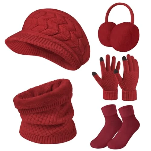 Niwicee Damesmuts, winter, gebreid, set voor oren, sokken, sjaal, dames, handschoenen, 5-delige set, fleecevoering, winter, warm, lange sjaal, verwarmende set, Rode wijn, One Size