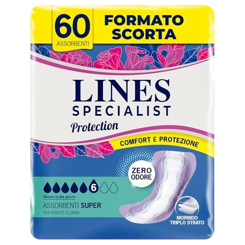 Offerta a tempo: Lines Specialist Protection Super, Assorbenti per Incontinenza, Cartone da 60 Pezzi - 30% da 23.28 € a 16.28 €