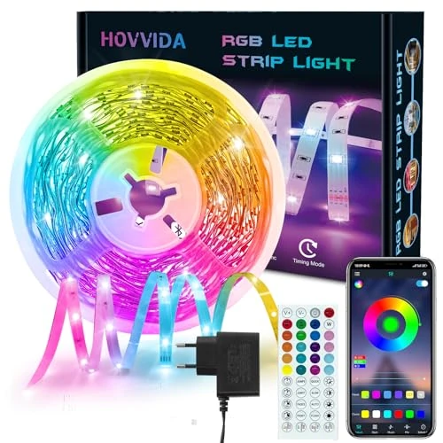 HOVVIDA Striscia LED 10m, 30 LED/Metro, 1x10m, 24V RGB LED, 300 LED, APP e Telecomando, Modalità Musica, LED per Camera, Soggiorno, Cucina, Camera da Letto, Bar, Festa