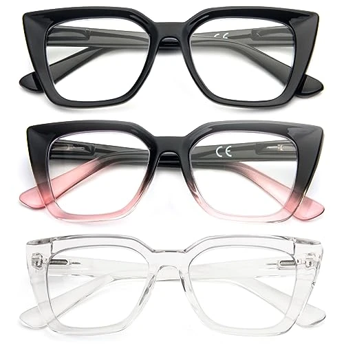 Offerta a tempo: Kodilin 3 Pack Occhiali da lettura donna Oversized Square Anti Luce Blue Computer Lettori Uomo con cerniera a molla (+3.0, nero rosa trasparente) - 34% da 12.99 € a 8.58 €