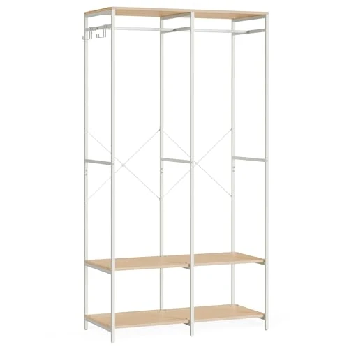 SONGMICS Portable Clothes Wardrobe, Foldable Closet, Clothes Rack Freestanding, Closet Organiser, with Hanging Rods, Storage Shelves, Removable Hooks, 40 x 94.5 x 180 cm, Natural Beige RGR004W67
