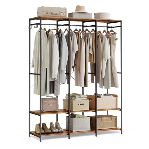 SONGMICS Armadio Portatile per Vestiti, Guardaroba Pieghevole, Organizzatore Portabiti, con Barre Appendiabiti, Ripiani, Ganci Rimovibili, 40 x 141 x 180 cm, Marrone Vintage RGR005B01
