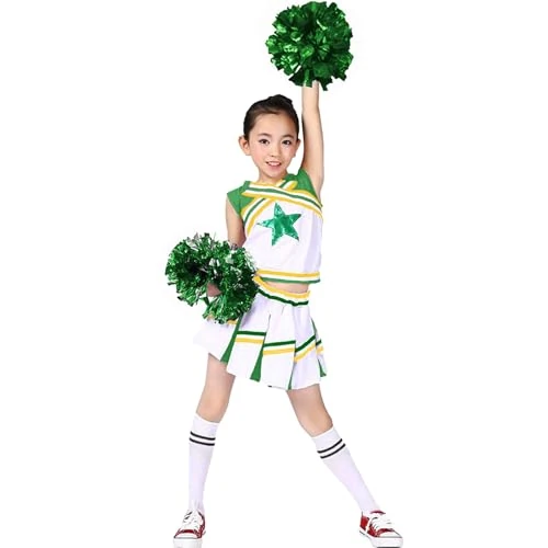 LOLANTA Girls' Cheerleading Costumes with Pompoms and Socks, Kids Halloween Fancy Dress Up, Cheerleader Outfit, Green, 12-13 Years, 170