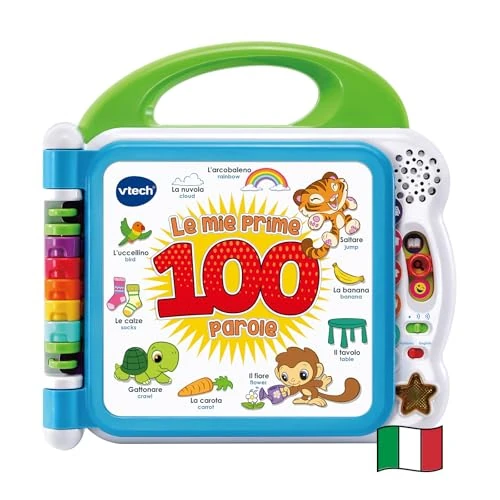 VTech Mein erstes illustriertes Buch - Le Mie Prime 100 Worte, zweisprachiges Buch für Kinder, sensorisches Buch in Italienisch und Englisch, Babybuch mit 3 Modi, Batterien im Lieferumfang enthalten,