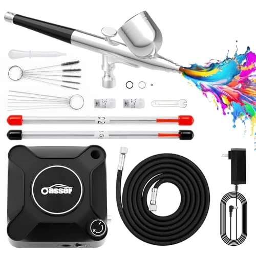Oasser Mini Kit Aerógrafo con Compresor Profesional Airbrush 36PSI Doble Acción Juego Pistola Regulación Voltaje Continua Modelos Decoración Tartas Uñas
